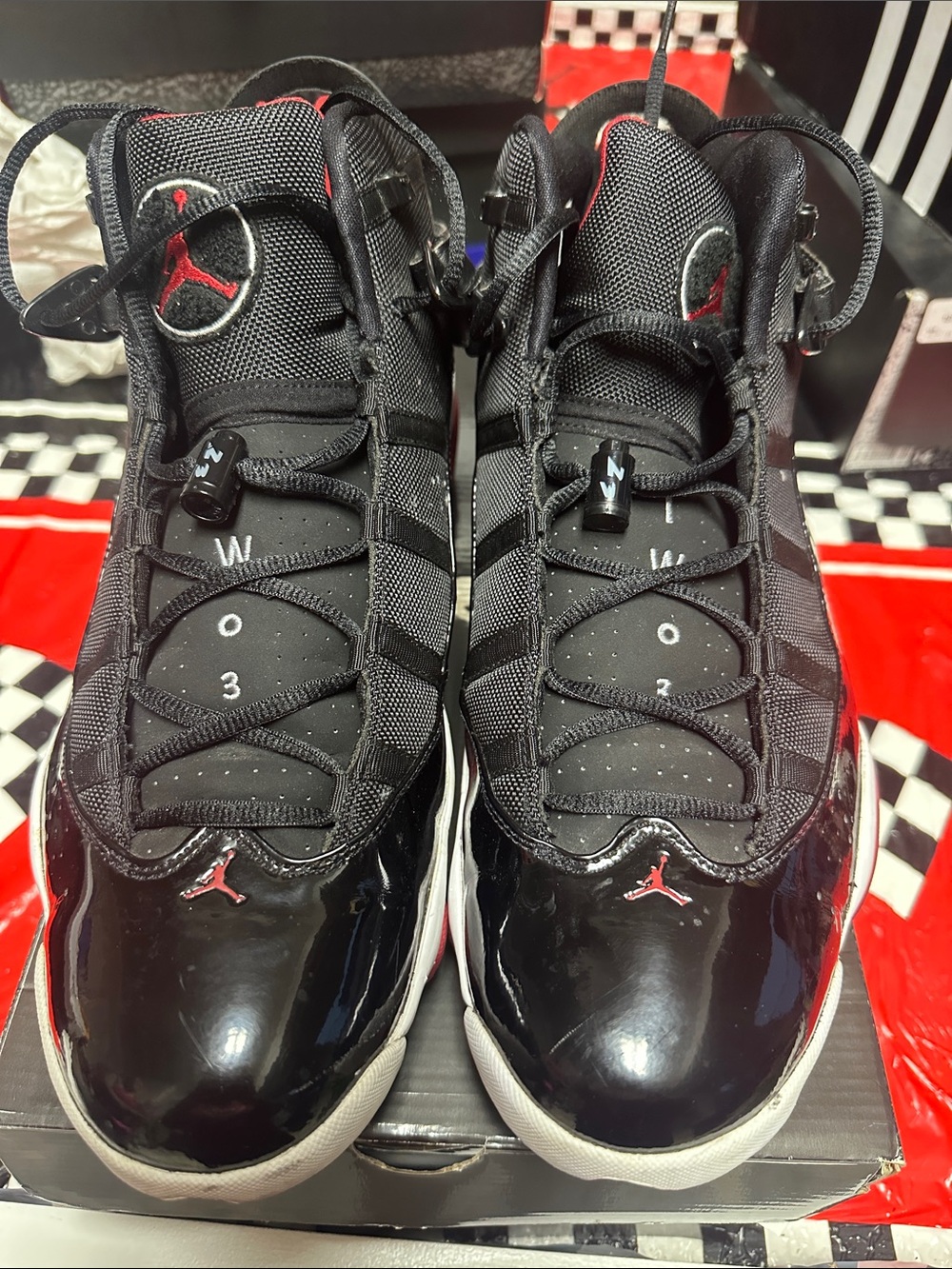 Jordan 6 Rings Black & Red Patent Leather High-Top Sneakers